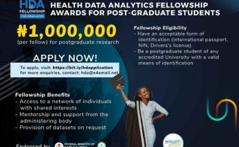 The Health Data Analytics (HDA) Graduate Fellowship 2023 is now accepting applications. The purpose of this fellowship is to increase HDA capacity at higher academic and research levels, specifically through the extension of Multi-Source Data Analytics and Triangulation (MSDAT) and associated areas. This fellowship will inform the next phase of technology and data analysis innovations/inventions to expand on the MSDAT platform for improved healthcare delivery and monitoring of Nigeria's health system. The HDA fellowship seeks to accomplish the following goals: